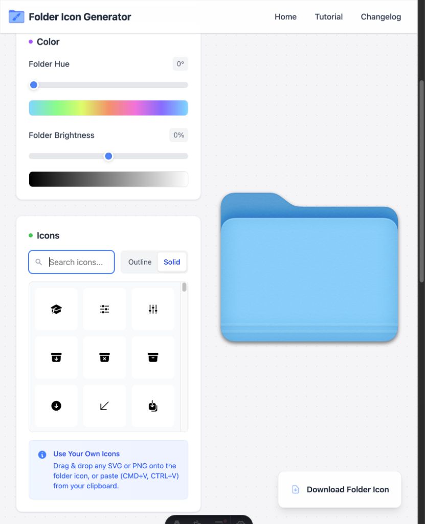 FolderIcon.App color and icon controls beside a blue Mac folder preview