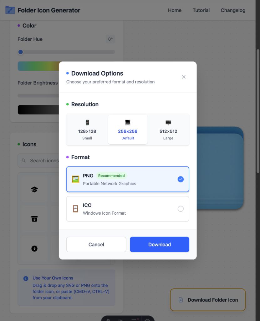 FolderIcon.App download dialog recommending PNG for a macOS folder