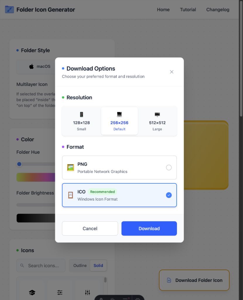 FolderIcon.App download dialog recommending ICO for a Windows folder